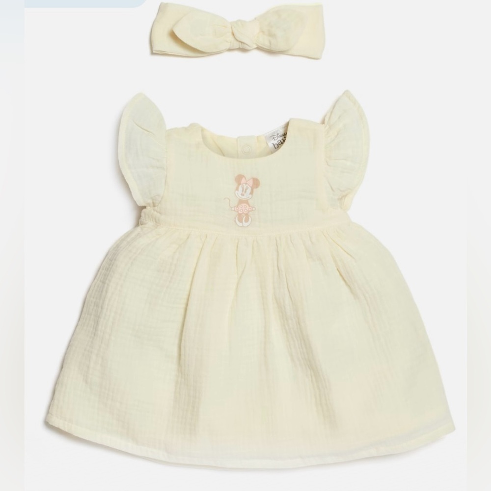 Disney Store Minnie Mouse Dress Bloomers Headband Set Cream 12-18 months NEW